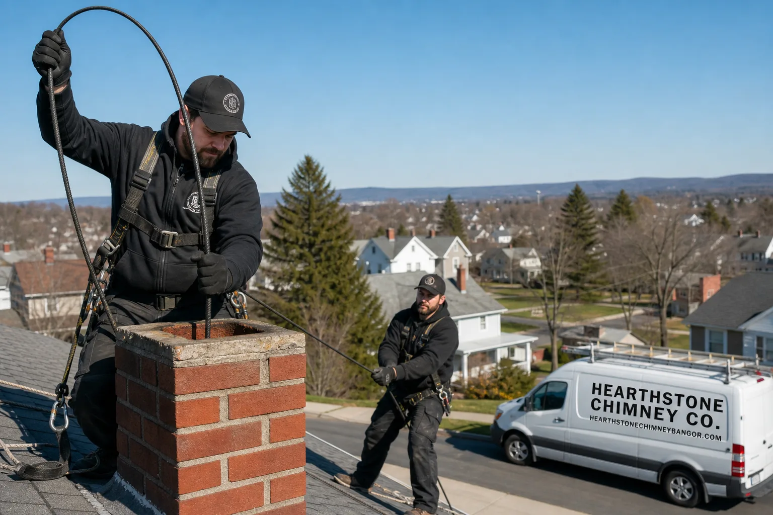 Hearthstone Chimney Co. chimney cleaning service vehicle and crew in Bangor, PA